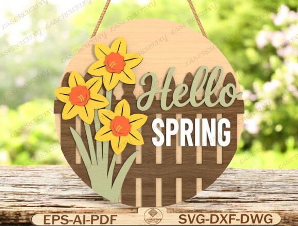 Hello Spring Round Sign Laser Cut File for Spring Amp